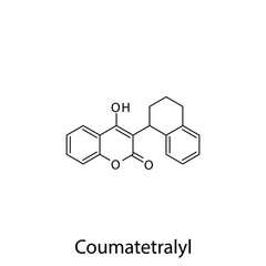 Coumatetralyl molecular structure, flat skeletal chemical formula. Vitamin K antagonist Rodenticide drug used to treat Pest control. Vector illustration.