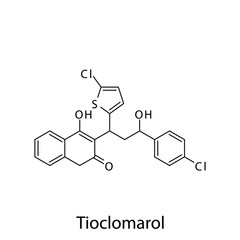 Tioclomarol molecular structure, flat skeletal chemical formula. Vitamin K antagonist Rodenticide drug used to treat Pest control. Vector illustration.