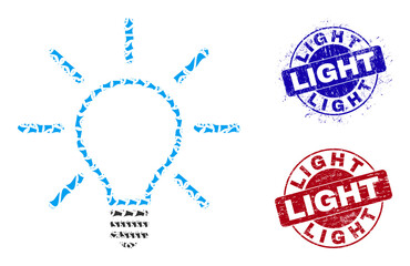 Round LIGHT rubber stamp prints with caption inside round shapes, and shatter mosaic light bulb icon. Blue and red stamps includes LIGHT title. Light bulb collage icon of shatter parts.