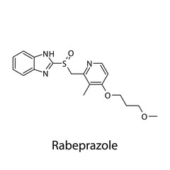 Rabeprazole molecular structure, flat skeletal chemical formula. Proton pump inhibitor drug used to treat . Vector illustration.