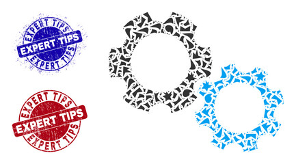 Round EXPERT TIPS rubber stamp seals with word inside round shapes, and fraction mosaic gears icon. Blue and red stamp seals includes EXPERT TIPS text. Gears mosaic icon of fraction items.