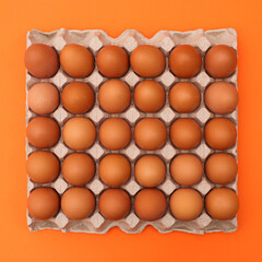 Cardboard box with eggs on vibrant orange background. Easter food. Flat lay