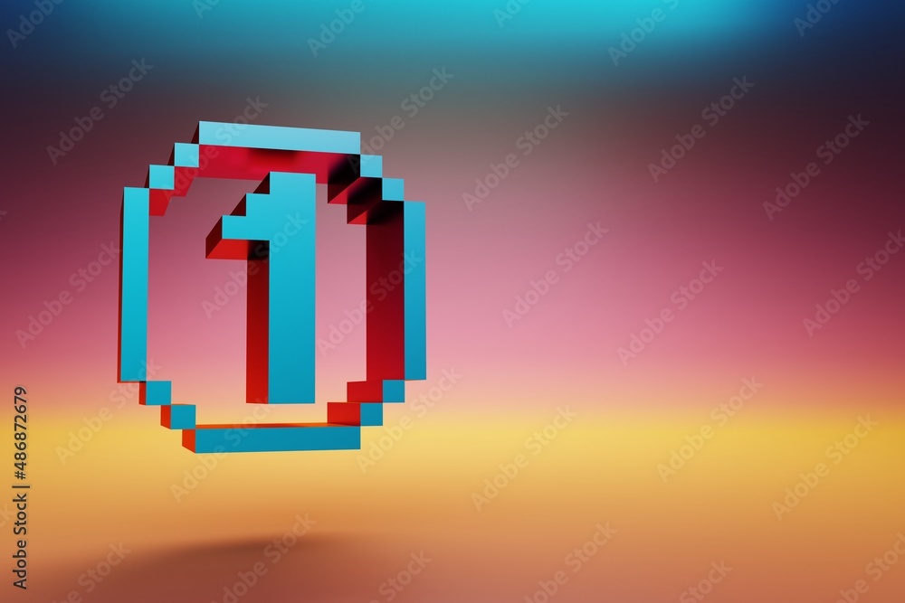 Poster Pixel number  1. Beautiful Blue One icons symbol on multicolor bright background. 3d rendering illustration. Background pattern for design.