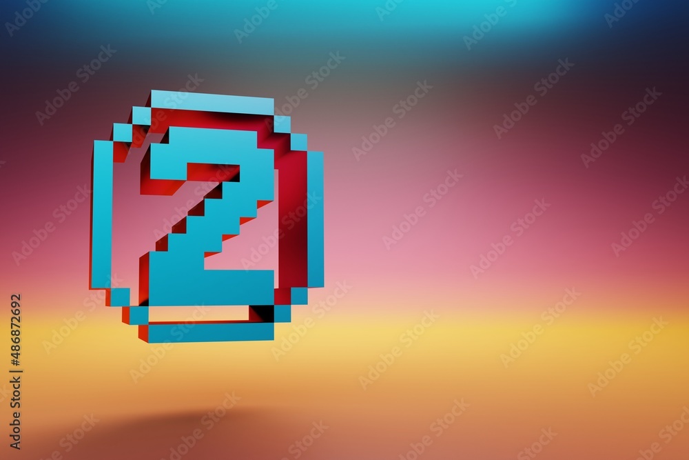 Poster Pixel number 2. Beautiful Blue Two icons symbol on multicolor bright background. 3d rendering illustration. Background pattern for design.