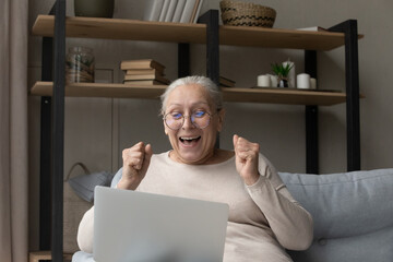 Excited happy elder woman making winner gesture, looking at laptop screen, receiving message with good news, feeling happy, surprised, laughing, celebrating success, achieve, win, result