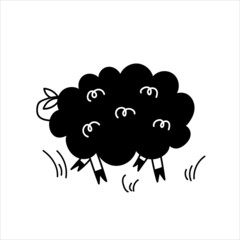 Cute fluffy sheep walking in the grass. Cartoon character. Vector hand-drawn illustration in doodle style on an isolated white background. Black and white clipart.