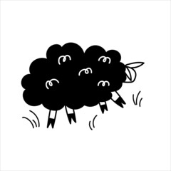 Cute fluffy sheep walking in the grass. Cartoon character. Vector hand-drawn illustration in doodle style on an isolated white background. Black and white clipart.
