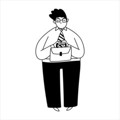 Happy male character is an office worker. A man with a briefcase, wearing glasses. Vector hand-drawn illustration in the style of doodles on an isolated white background.