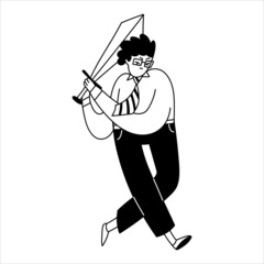 The angry male character is an office worker. A man with glasses swings a sword. Vector hand-drawn illustration in the style of doodles on an isolated white background.