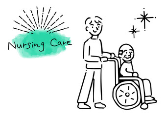 車いすの介護のシンブル線画イラスト