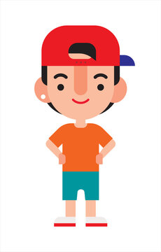 Flat design young man with baseball cap and casual wear with hands on waist. Vector character 