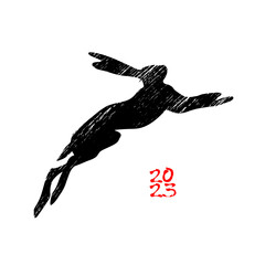 Vector silhouette of a running rabbit isolated on white background. Symbol of the new year, oriental calendar. Flat black icon with a hare, holiday design element, poster with a bunny.