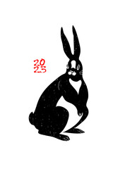Vector drawing of a cartoon bunny isolated on white background. Symbol of the Chinese new year, oriental calendar. Poster with a hare, holiday design element, banner with rabbit.