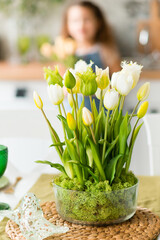 Bouquet of tulips on the table. Easter and spring card.