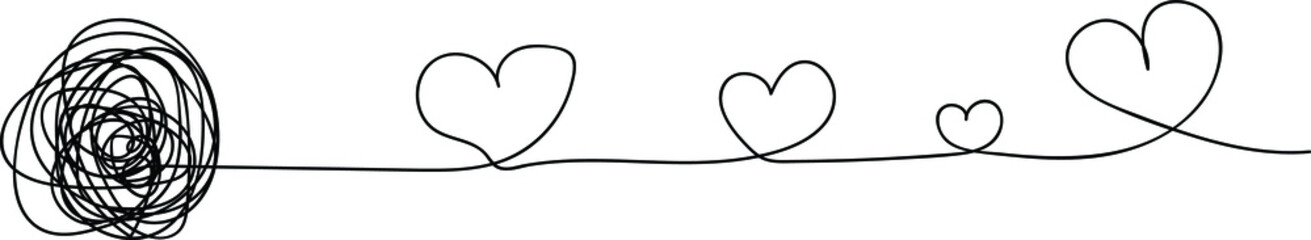 One line of hand-drawn hearts on a line. Hearts following from a tangle