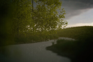 River with birch trees and grass along the banks under a cloudy sky. 3D render.