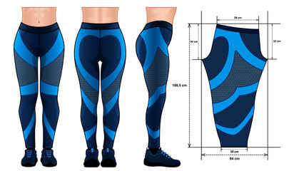 Realistic blue leggings pants mockup pattern different side isolated white background