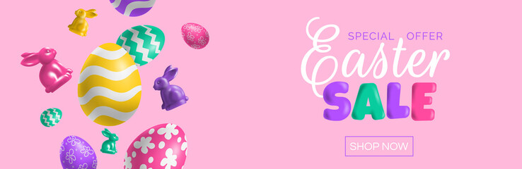 easter sale 3d banner design with decorative eggs and rabbits on pink background vector illustration - 486873624