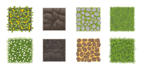 Vector set. Ground texture with grass, stones, cracks, flowers. Top view. Squares. - 486873641