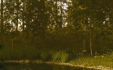 Birches with grass and wild flowers on a river bank on a misty morning. 3D render.