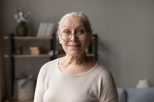 Smiling elderly grey haired lady in stylish glasses home head shot portrait. Happy senior retired woman holding video call, looking at camera, posing indoors with living room interior in background
