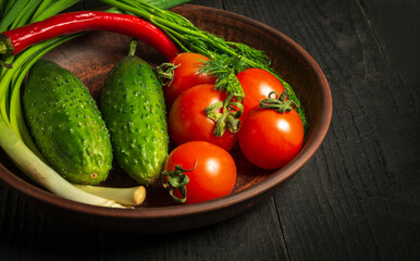 Fresh vegetable salad set. Red tomatoes and green young onions with cucumber on a vintage brown plate. Vitamin breakfast or dinner.