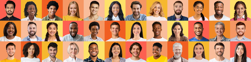 Fototapeta na wymiar Headshots of multicultural adult and millennial people on light backgrounds, panorama