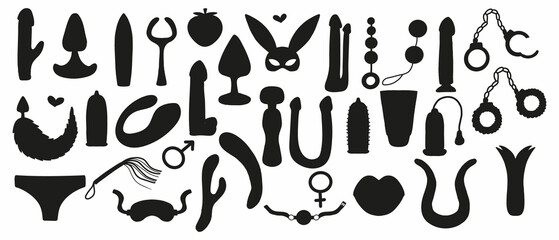 Set of silhouettes of sex toys. Set of adult toys. Vector illustration. - obrazy, fototapety, plakaty