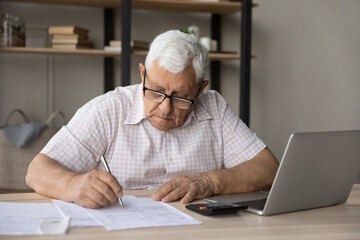 Older 80s landlord man, tenant checking paper domestic bills, signing documents, writing notes, doing monthly routine paperwork, paying insurance fees, taxes, calculating expenses, budget