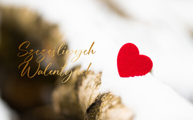 Szczęśliwych Walentynek - złoty napis, czerwone serce na śniegu, 14 lutego