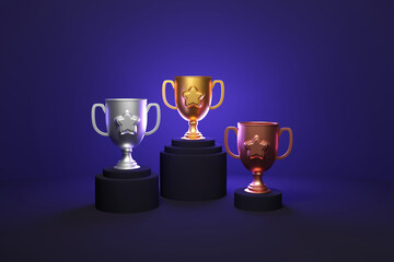 3d podium award trophy wallpaper for 1st 2nd 3rd position prize - Winner and loser medals - Gold winner cup on metallic shiny platform - Illustration for first success - Successful position podium