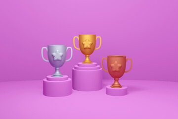 3d podium award trophy wallpaper for 1st 2nd 3rd position prize - Winner and loser medals - Gold winner cup on metallic shiny platform - Illustration for first success - Successful position podium
