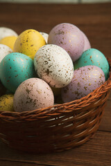 Hand painted pastel colored Easter eggs background. Happy Easter greeting card or invitation.