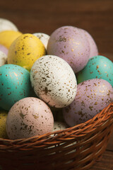 Hand painted pastel colored Easter eggs background. Happy Easter greeting card or invitation.