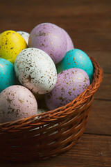 Hand painted pastel colored Easter eggs background. Happy Easter greeting card or invitation.