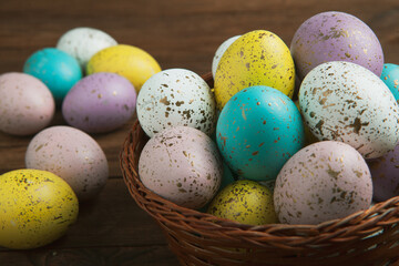 Hand painted pastel colored Easter eggs background. Happy Easter greeting card or invitation.