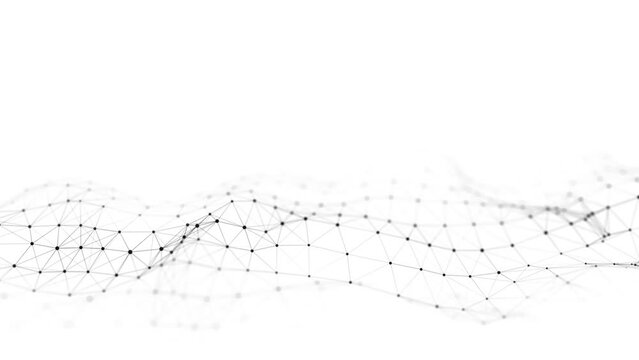 Dynamic wave with connected dots and lines on a white background. Digital wave background concept. Abstract technology background. Big data visualization. 3D rendering.