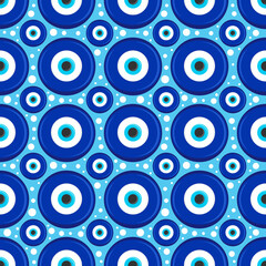 Evil eye seamless pattern. Symbol of protection in Turkey and Greece. Background with blue nazar talismans. Vector amulet