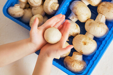 childrens hands are holding champignons mushrooms in children's food