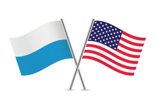 Bavaria (striped) and America crossed flags. The Free State of Bavaria and United states flags. Bavarian and American flags, isolated on white background. Vector icon set. Vector illustration.