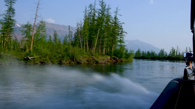 Travelling on an airboat by Putorana plateau lakes