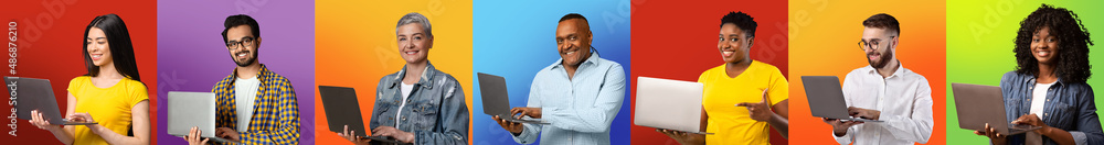 Aufkleber Modern Technologies. Diverse Smiling Multicultural People With Laptops Posing Over Colorful Backgrounds