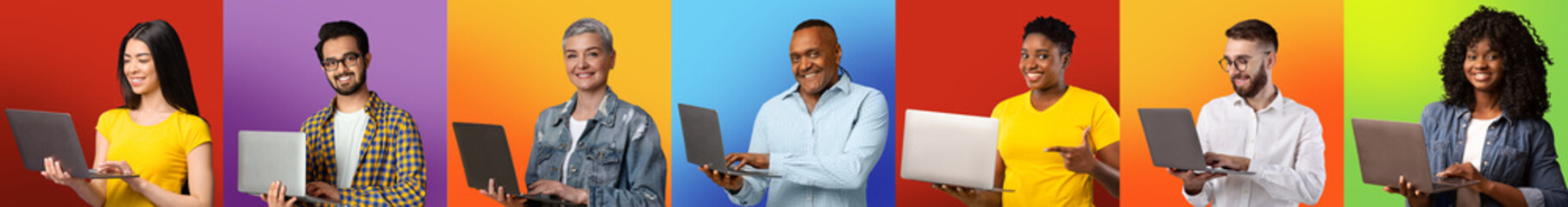 Modern Technologies. Diverse Smiling Multicultural People With Laptops Posing Over Colorful Backgrounds