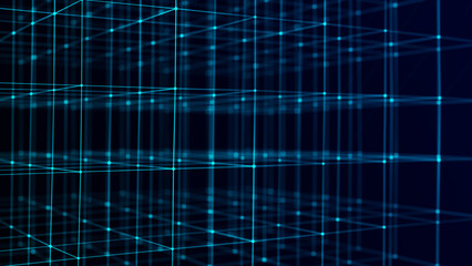 Technology blockchain concept. Dynamic movement of a digital data stream. Network connections structure. Big data visualization. 3D rendering.