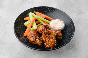 Fried chicken legs with teriyaki sauce and slices of celery and carrot