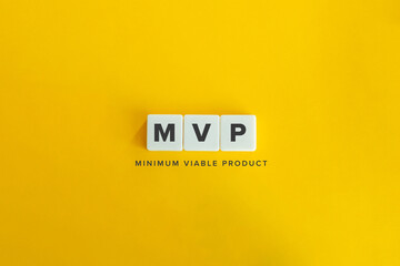 Minimum Viable Product (MVP) Banner. Letter tiles on bright orange background. Minimal aesthetics.
