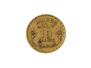Reverse of Morocco coin 10 francs 1371 (1952) isolated with white background