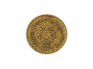 Obverse of Morocco coin 10 francs (1952) isolated with white background