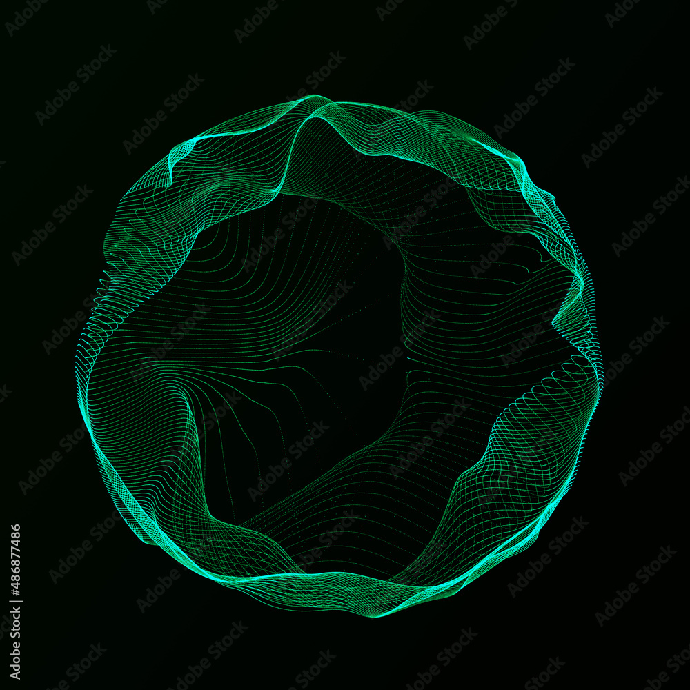 Poster spherical equalizer for music. round sound wave of particles. musical abstract green background. 3d 