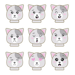 A set of images with a cute cat and different emotions. Images for the design of stickers, cover, wallpaper, packaging, paper or fabric. Illustration for children with a cute cat to demo